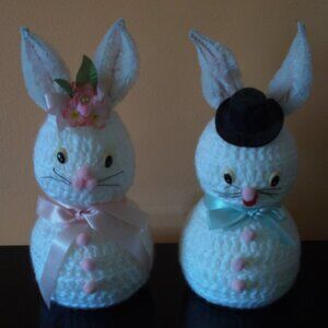 Handmade Boy & Girl Crocheted Bunny Rabbits - Easter Decor - 9"